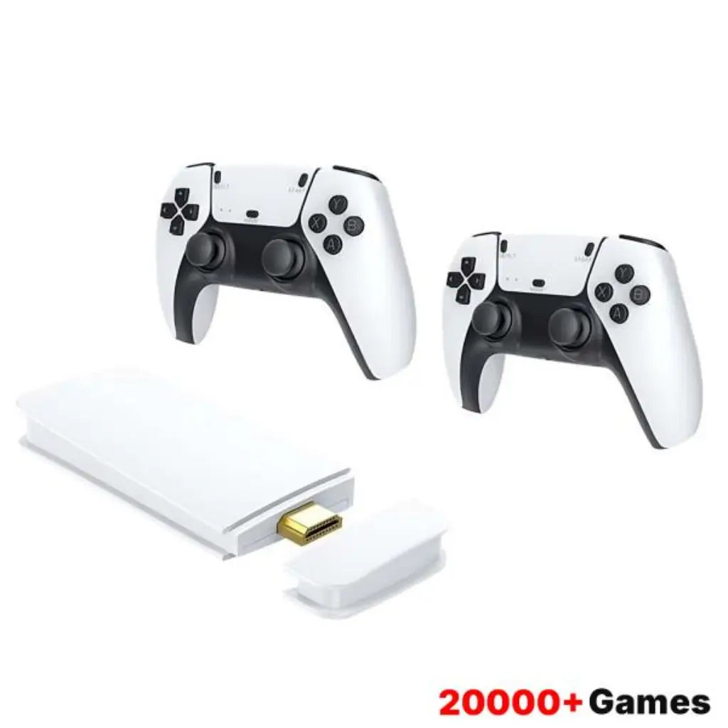 Two white gaming controllers with a white console and USB drive on a white background, featuring '20000+ Games' text.