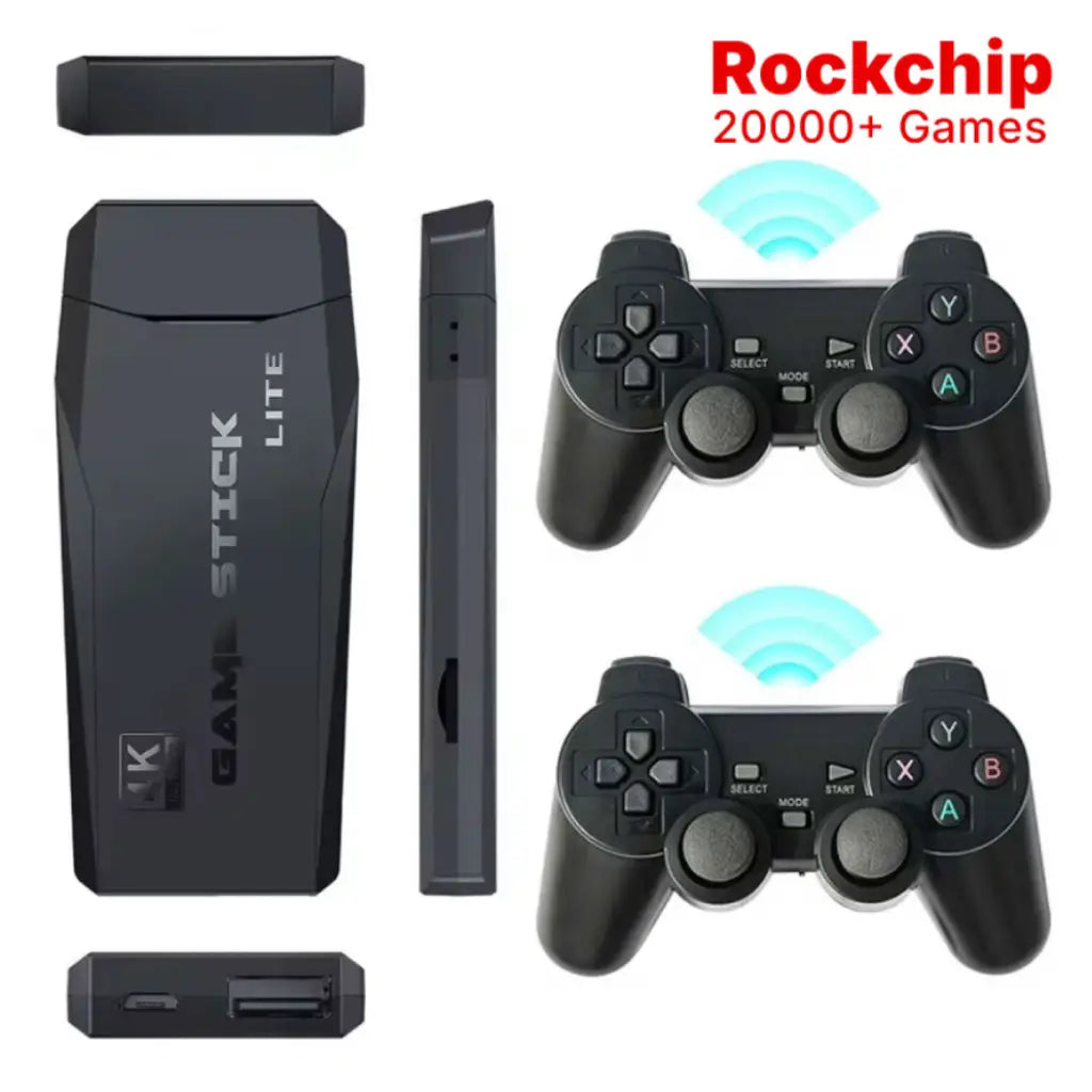 Gaming stick with controllers and accessories on a white background, featuring Rockchip branding.