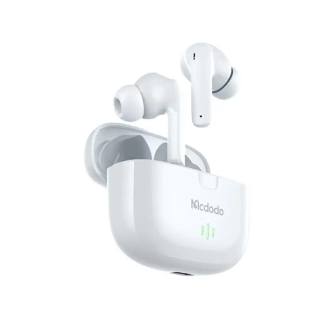 White wireless earbuds with charging case on a white background