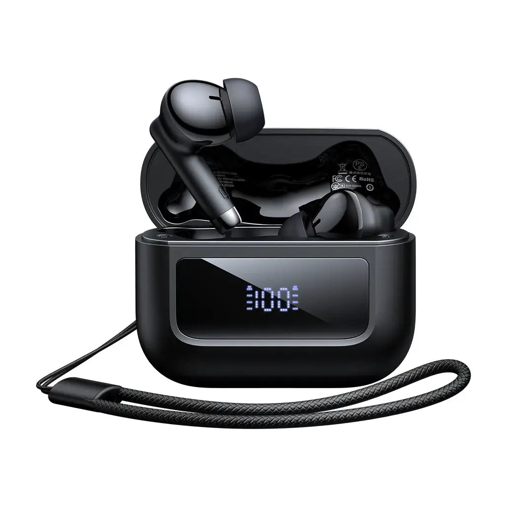 Black wireless earbuds with charging case on a white background