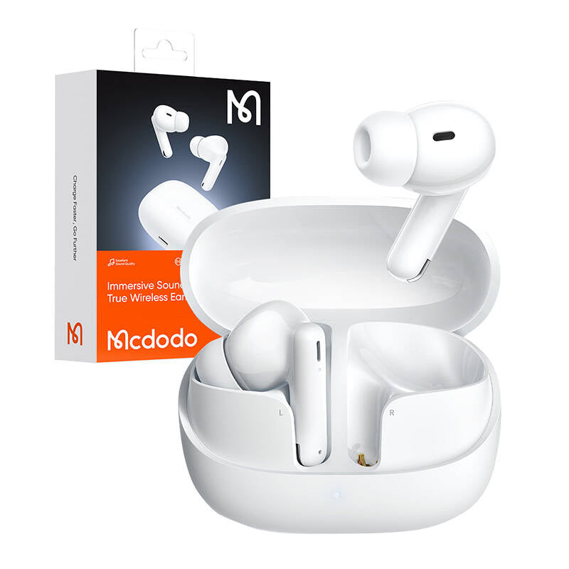Mcdodo true wireless earbuds in white color with a charging case, displayed in front of its packaging box.