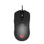 Black gaming mouse with red logo on a white background