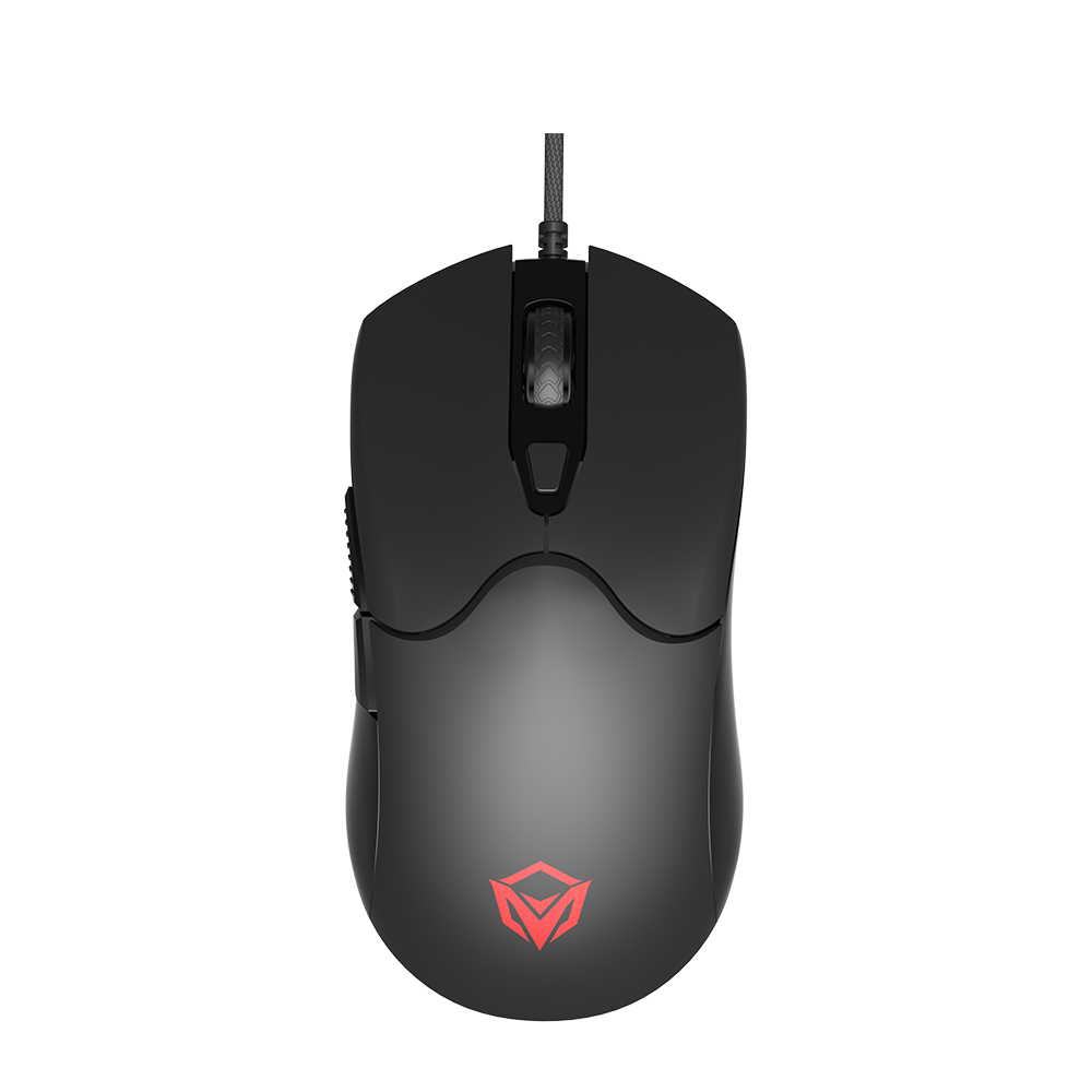 Black gaming mouse with red logo on a white background