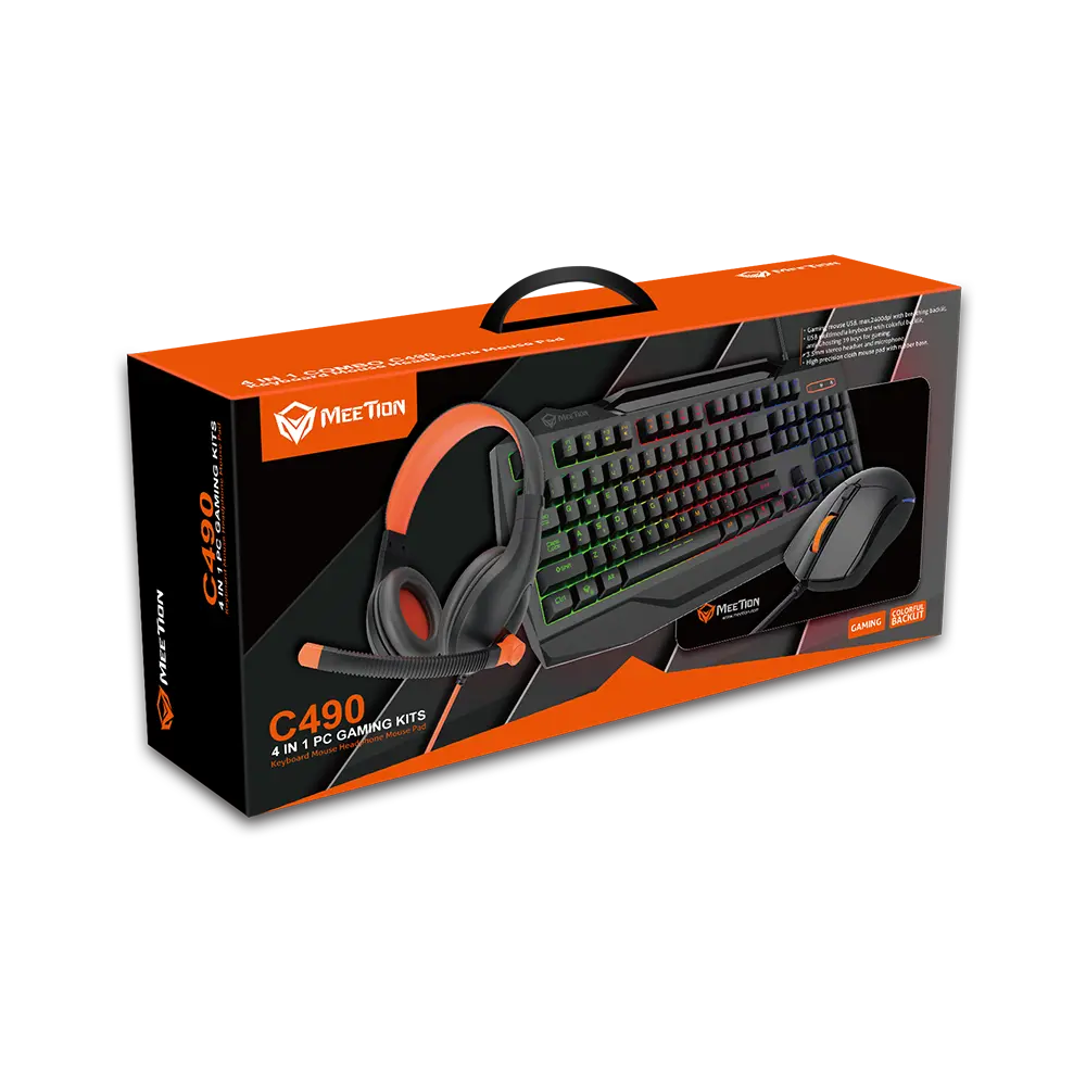 Gaming kit packaging with keyboard, mouse, and headset on an orange and black box.