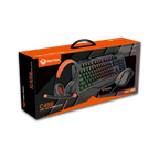 Gaming kit packaging with keyboard, mouse, and headset on an orange and black box.