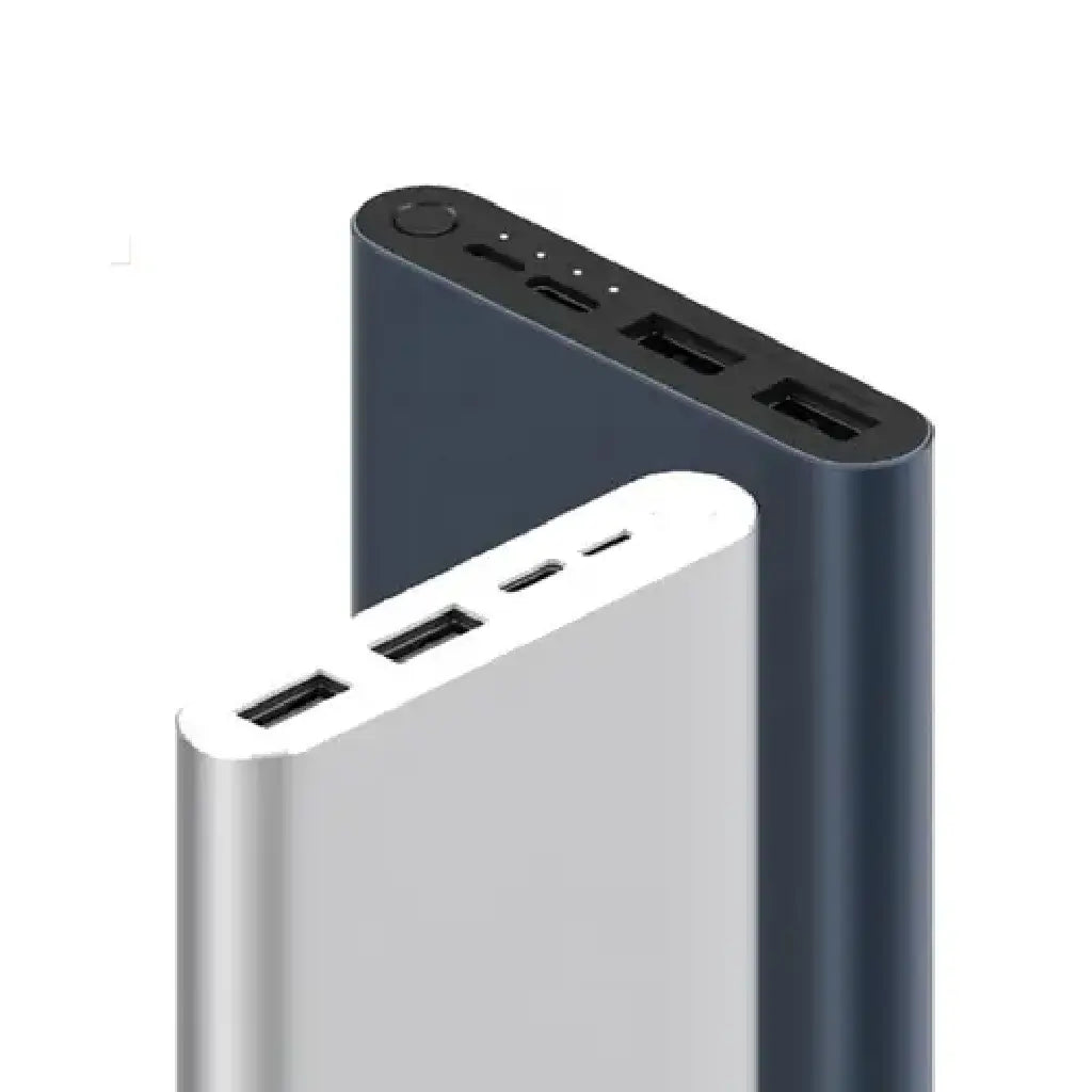 Angled top view of Xiaomi 10000mAh 22.5W power bank showing USB-A and USB-C ports, LED indicator lights, compact fast charging power bank