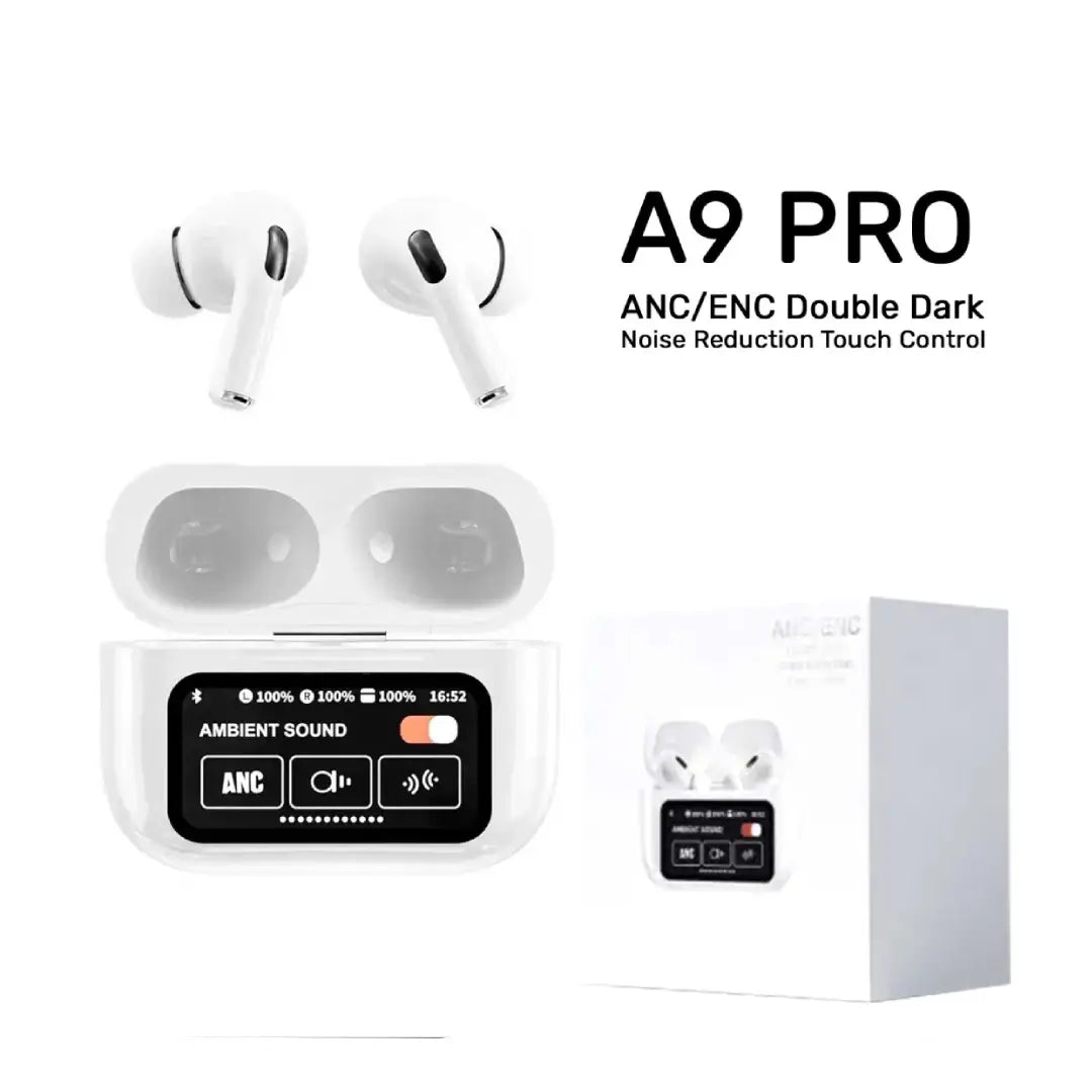 A9 Pro wireless earbuds with charging case and control display on a white background
