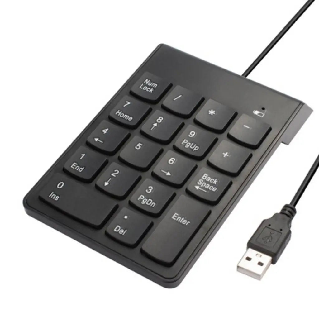 Black numerical keypad with USB cable on a white background