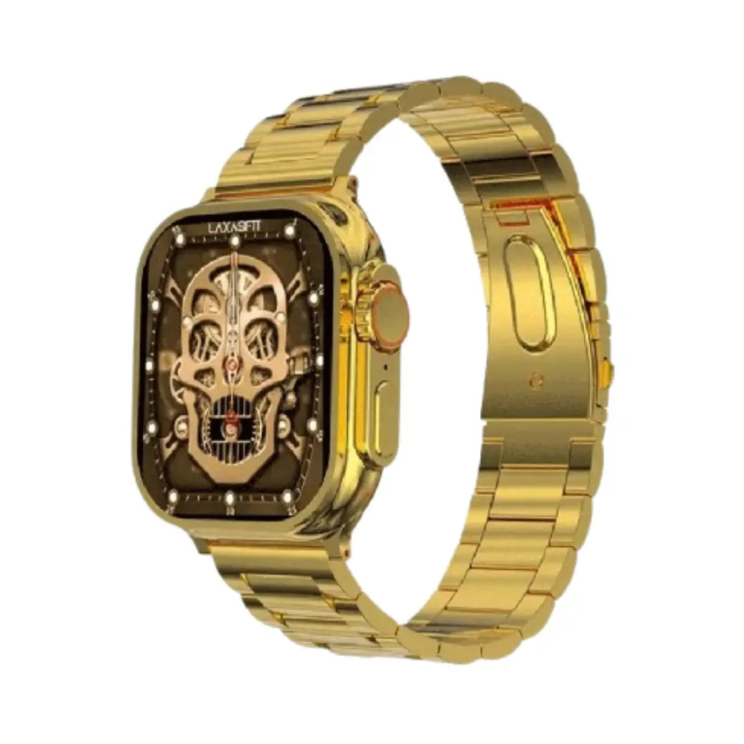 Gold skull-themed smartwatch on a white background