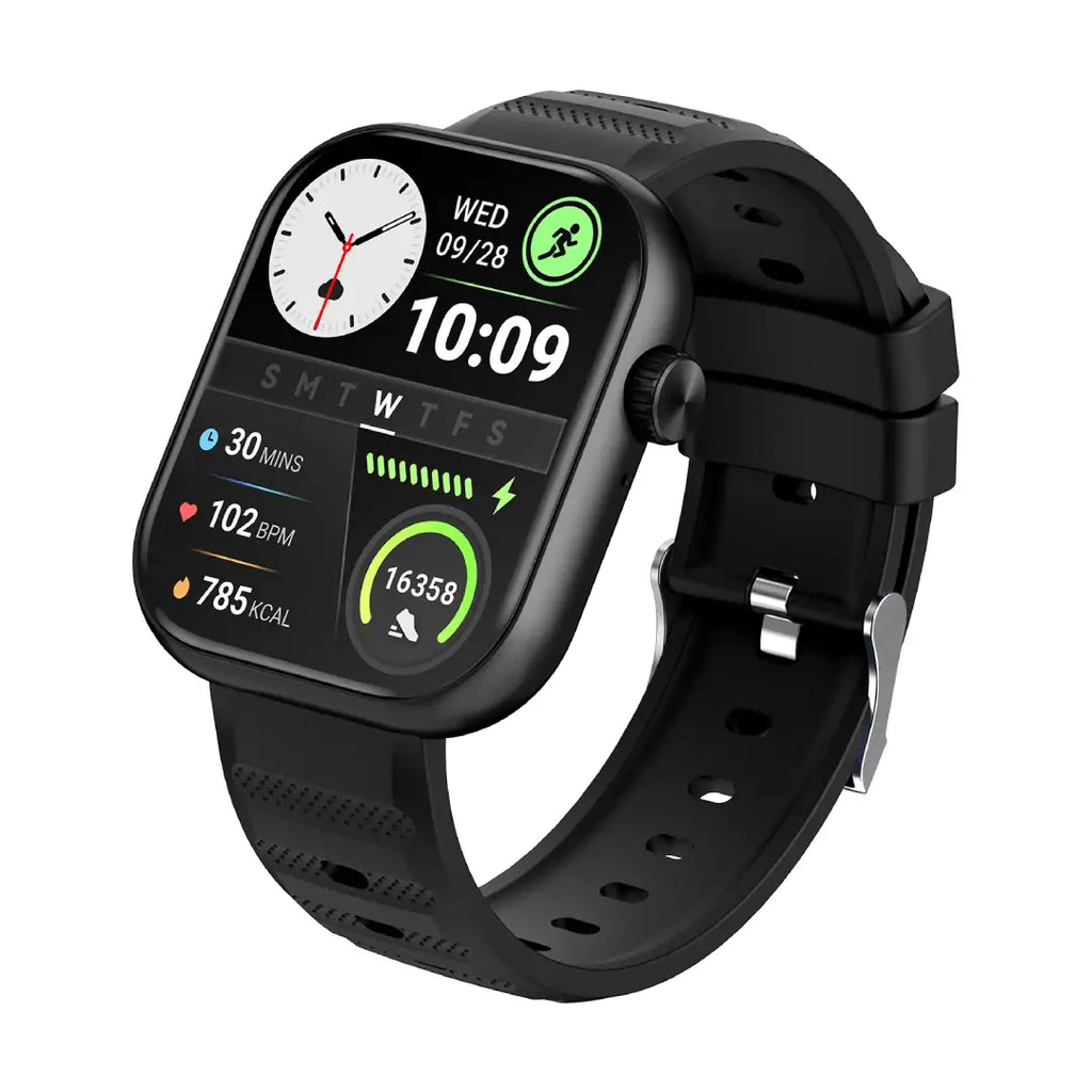 Black smartwatch with a detailed display on a white background