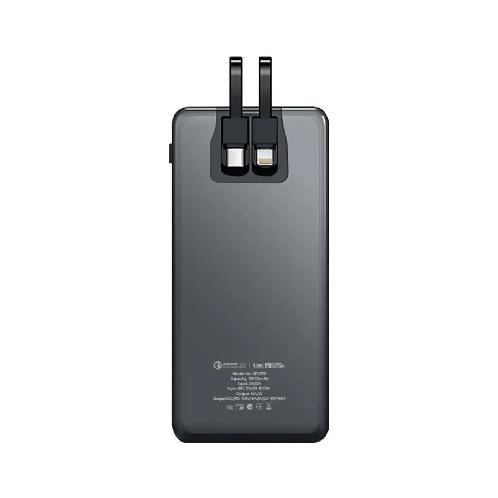 Back view of Space SP-74 Speed 10000mAh power bank with built-in USB-C and Lightning cables, printed specifications, PD and QC 3.0 fast charging power bank on white background