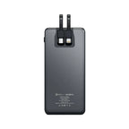 Back view of Space SP-74 Speed 10000mAh power bank with built-in USB-C and Lightning cables, printed specifications, PD and QC 3.0 fast charging power bank on white background