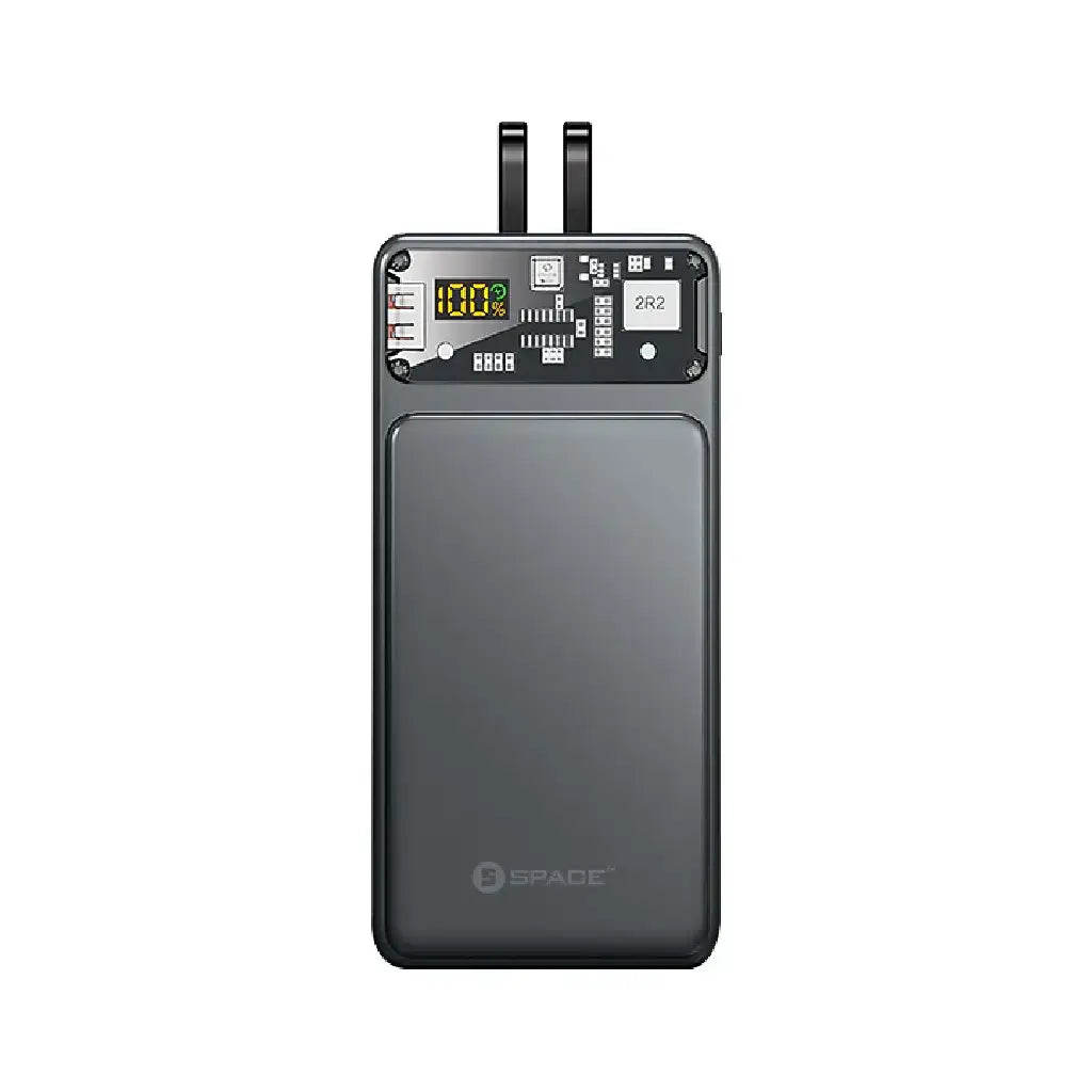 Space SP-74 Speed 10000mAh power bank front view showing digital LED battery display and internal circuit design, PD and QC 3.0 fast charging portable charger on white background
