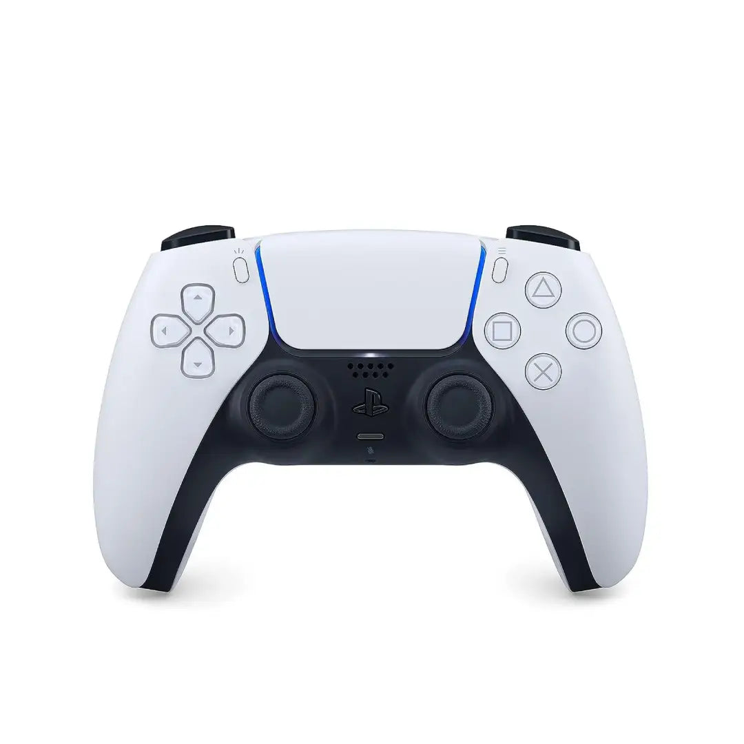 White gaming controller with black accents on a white background