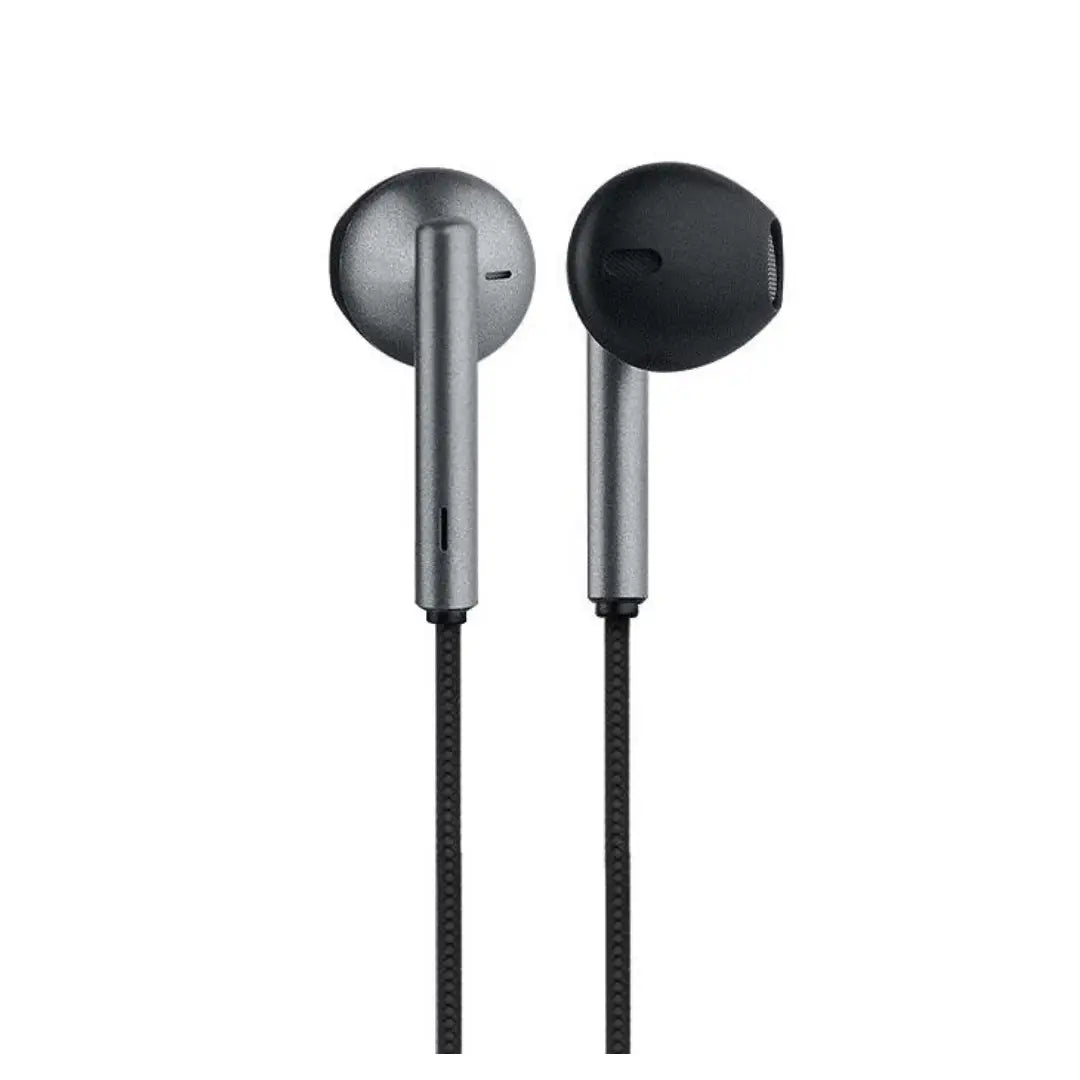 Pair of silver and black earphones on a white background