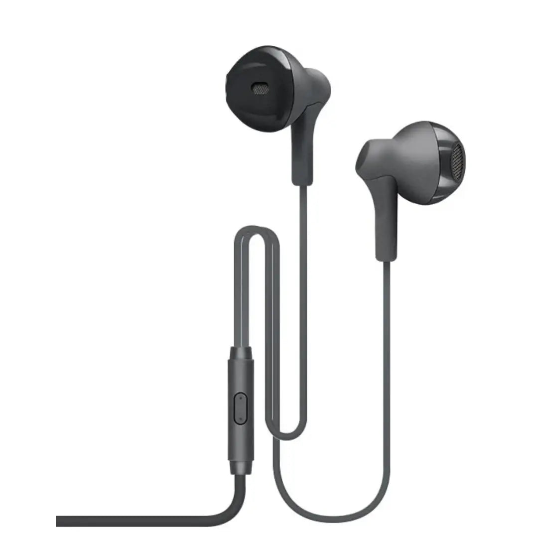 Gray in-ear headphones with a control cable on a white background