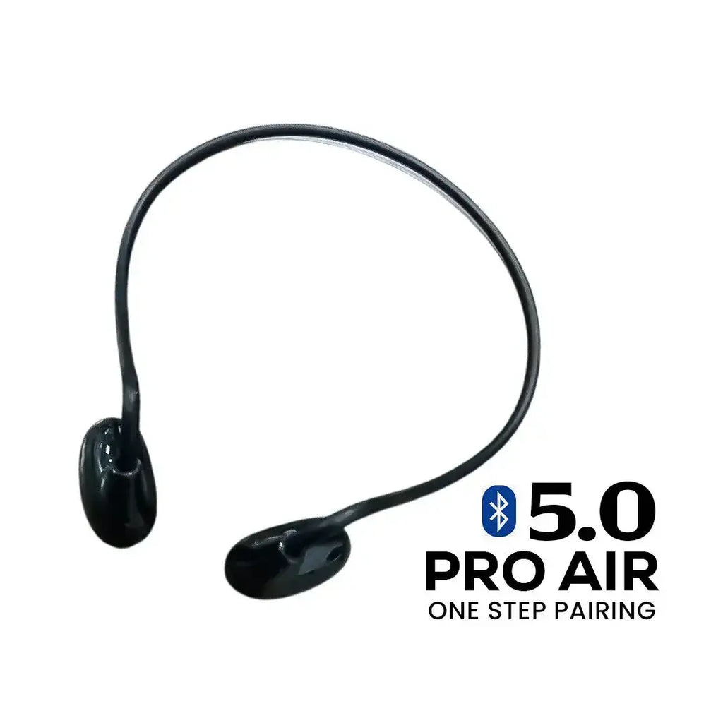 Black Bluetooth headset with '5.0 Pro Air' text on a white background