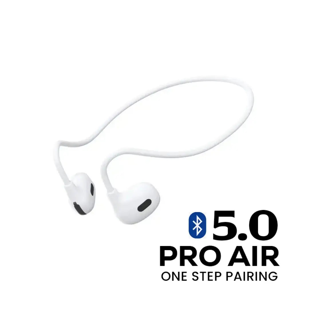 White wireless earbuds with '5.0 Pro Air' and 'One Step Pairing' text on a white background