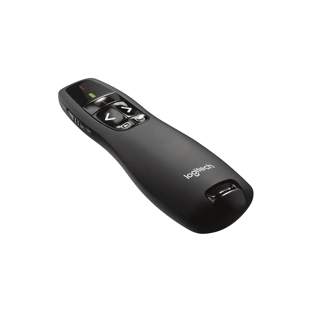 Black Logitech laser pointer on a white background