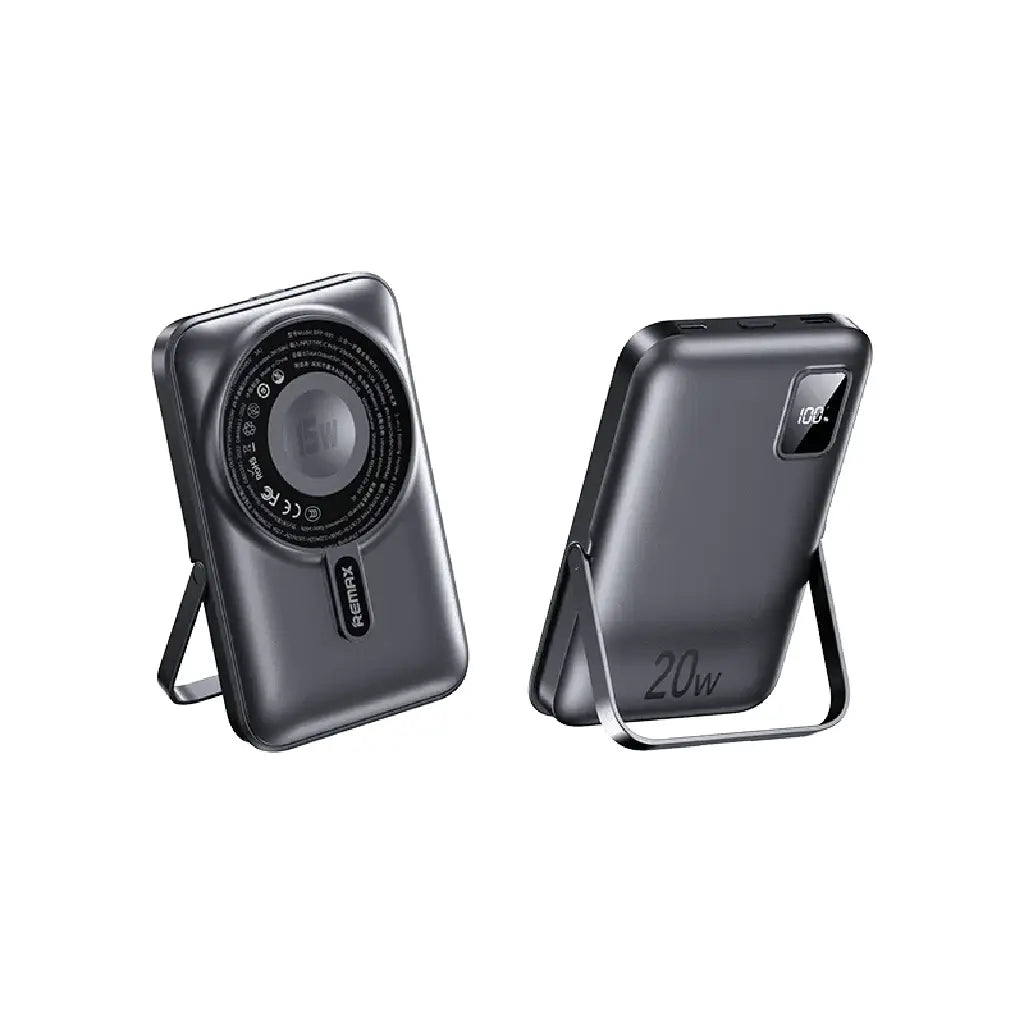 REMAX RPP-695 magnetic wireless power bank 10000mAh showing stand mode and 20W charging
