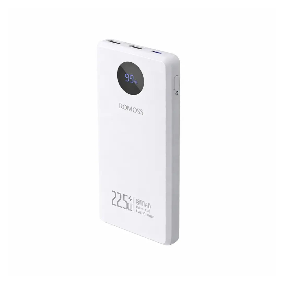 White power bank with digital display on a white background