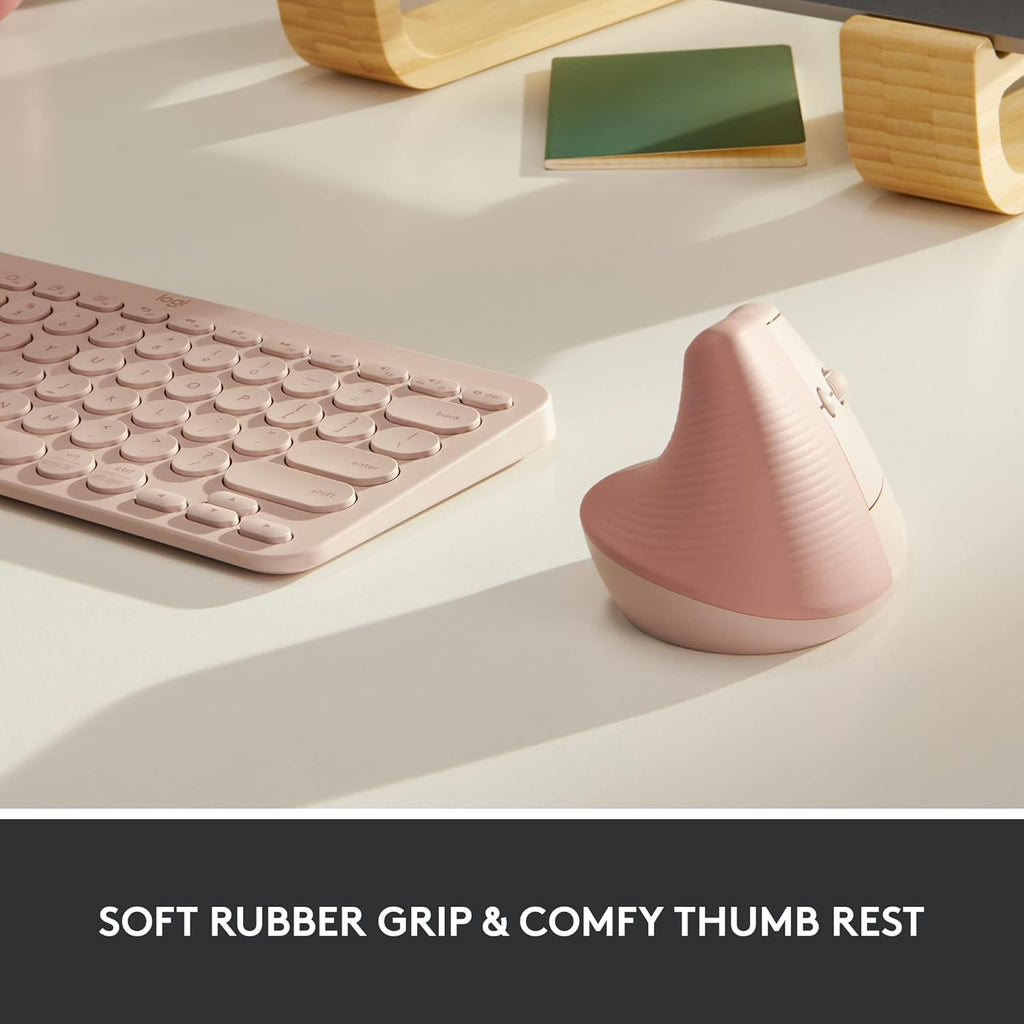 Logitech Lift Vertical Wireless Mouse – Comfort Meets Style (Gray, Black & Rose)