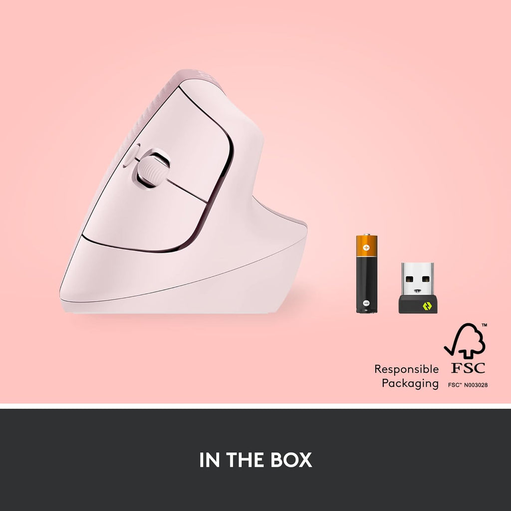 Logitech Lift Vertical Wireless Mouse – Comfort Meets Style (Gray, Black & Rose)