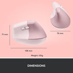 Logitech Lift Vertical Wireless Mouse – Comfort Meets Style (Gray, Black & Rose)