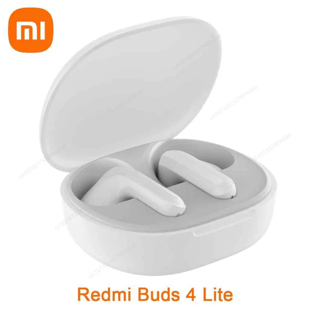 White wireless earbuds in a charging case with Xiaomi logo on a white background