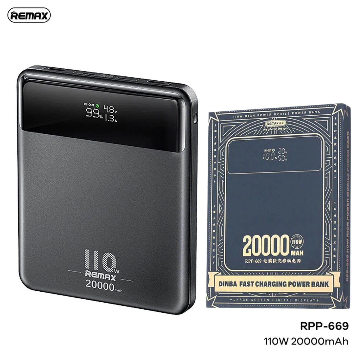 Remax power bank with packaging on a white background