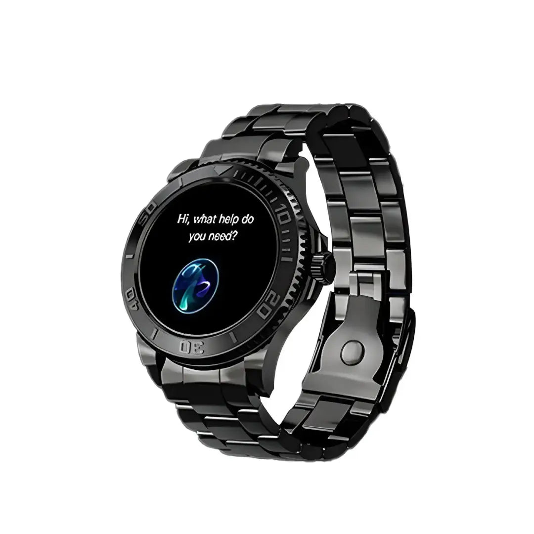 Black smartwatch with metallic band on a white background