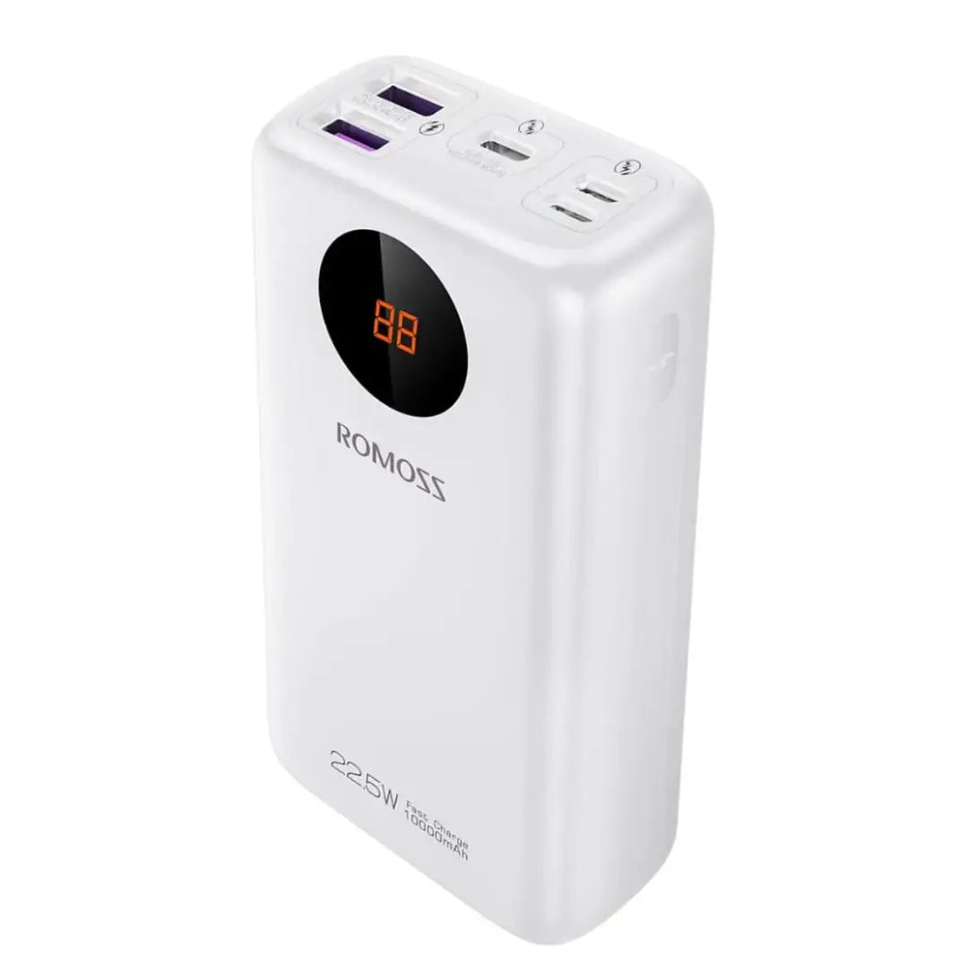White power bank with digital display and multiple ports on a white background
