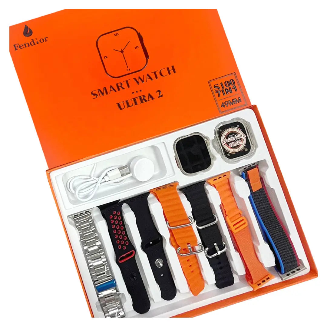 Smart watch Ultra 2 packaging with multiple watch bands and accessories on an orange background.