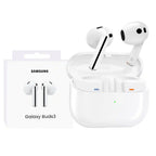 Samsung Galaxy Buds3 wireless earbuds with charging case on a white background