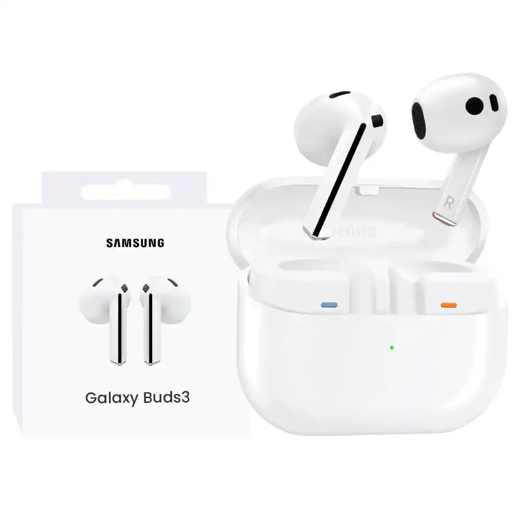 Samsung Galaxy Buds3 wireless earbuds with charging case on a white background