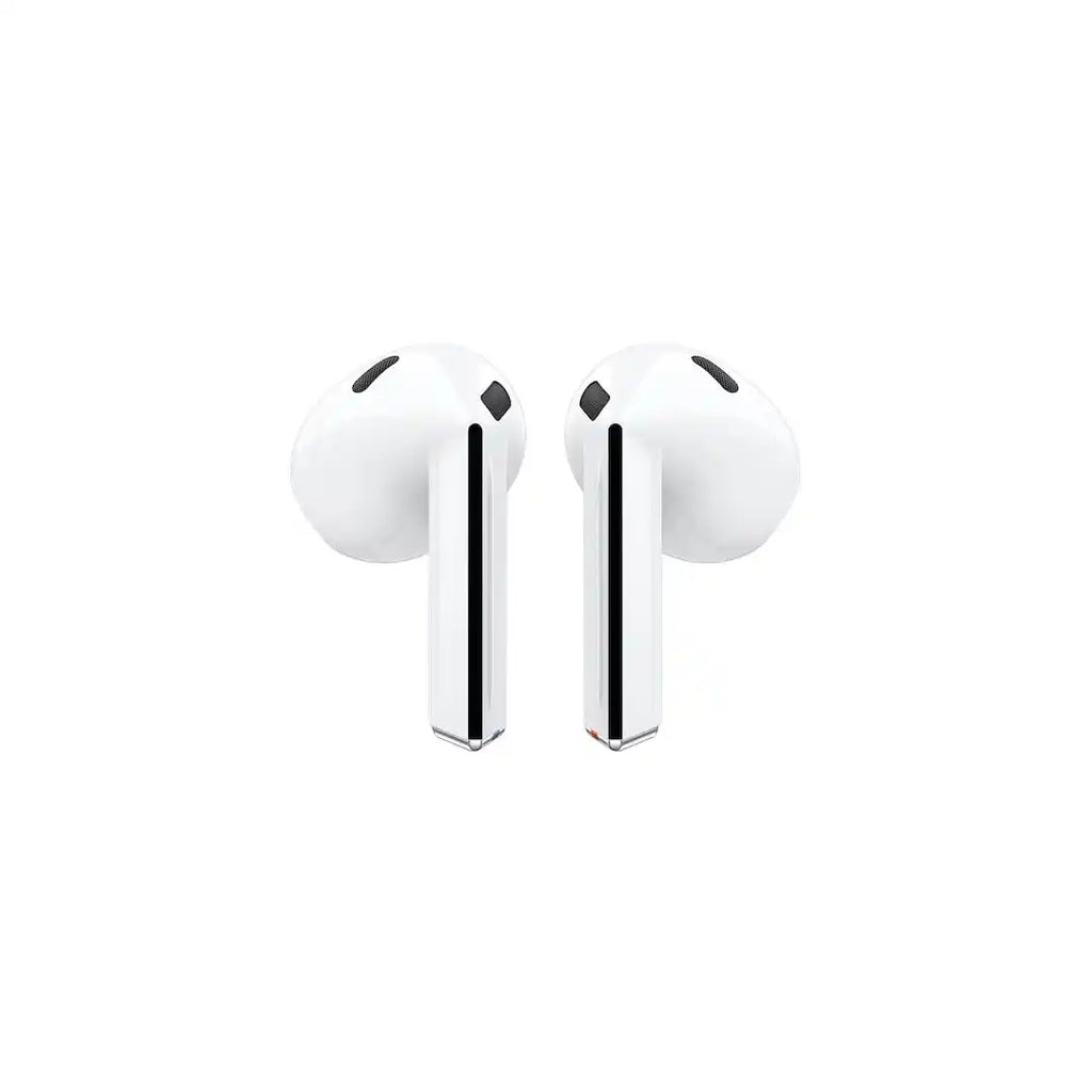 White wireless earbuds with charging case on a white background