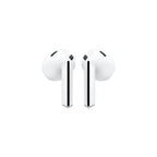 White wireless earbuds with charging case on a white background