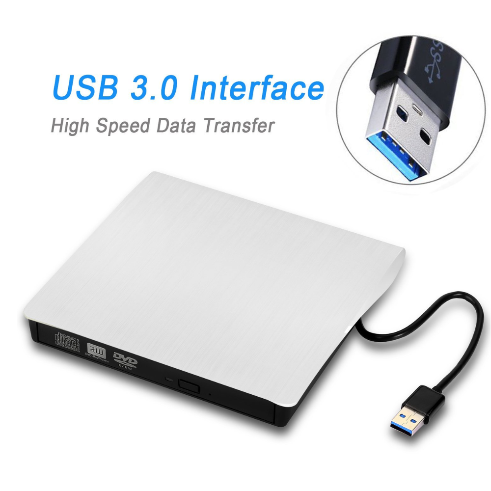 External DVD drive with USB cable and 'USB 3.0 Interface' text on a white background