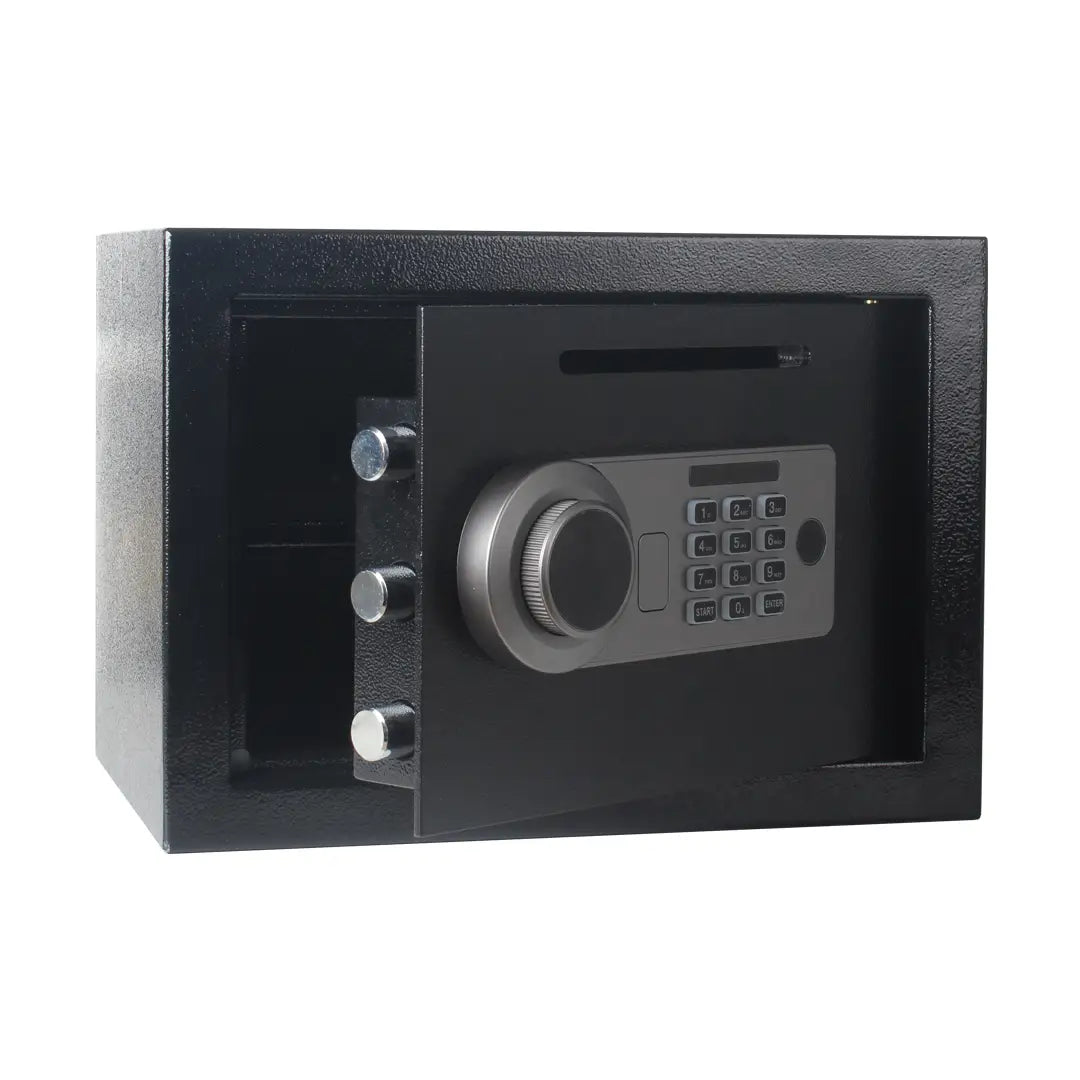 Black safe box with electronic keypad on a white background