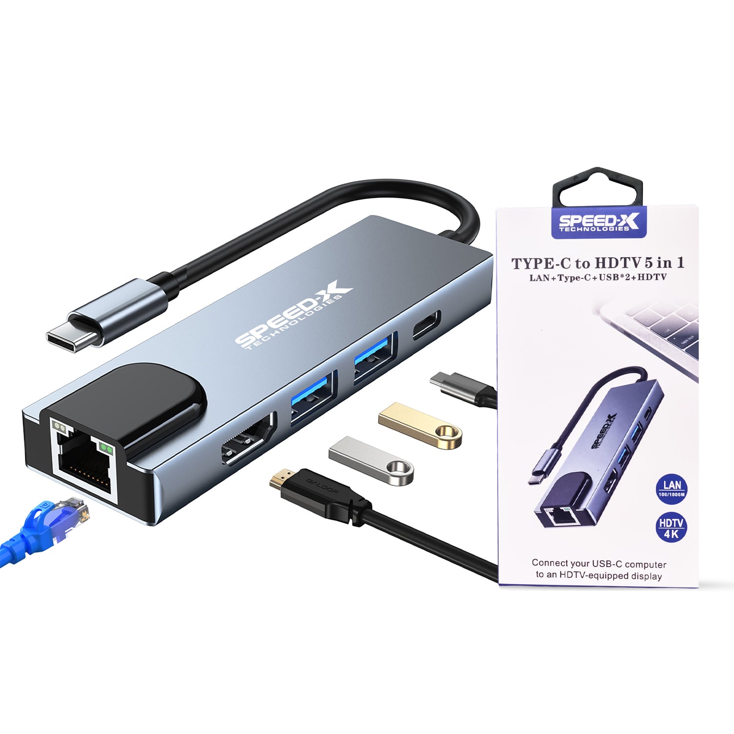 SpeedX USB-C hub with multiple ports and cables on a white background