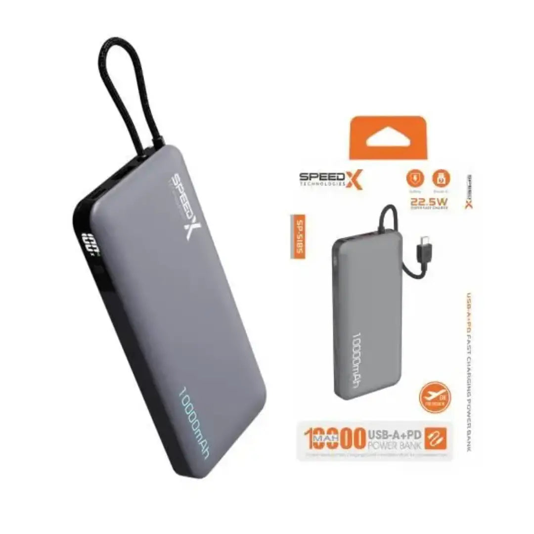 Gray power bank with SpeedX branding on a white background