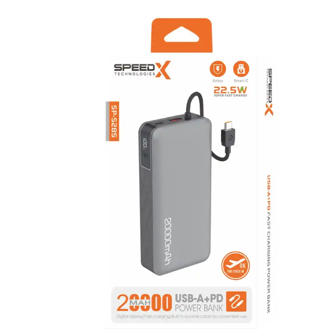 SpeedX power bank with USB-A+PD cable on a white background