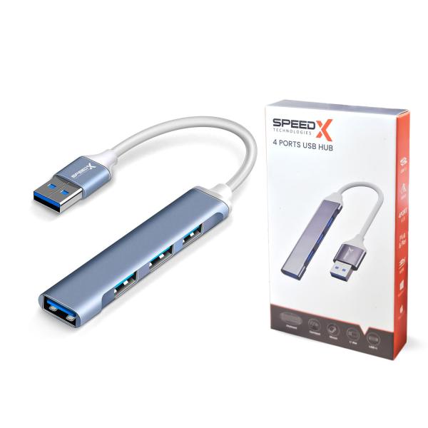 USB hub with a cable and its packaging on a white background