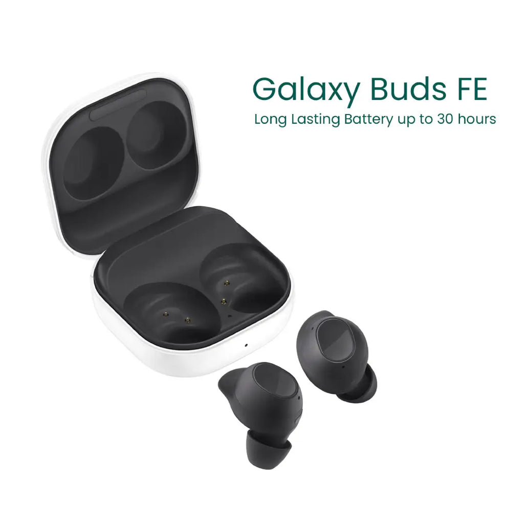Samsung Galaxy Buds FE with charging case on a white background