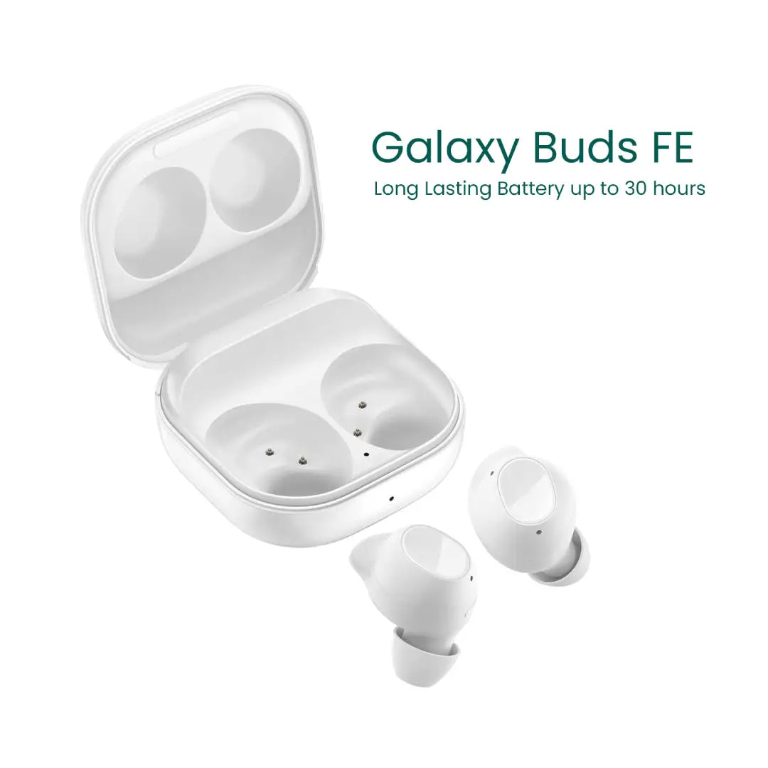 Samsung Galaxy Buds FE with charging case on a white background