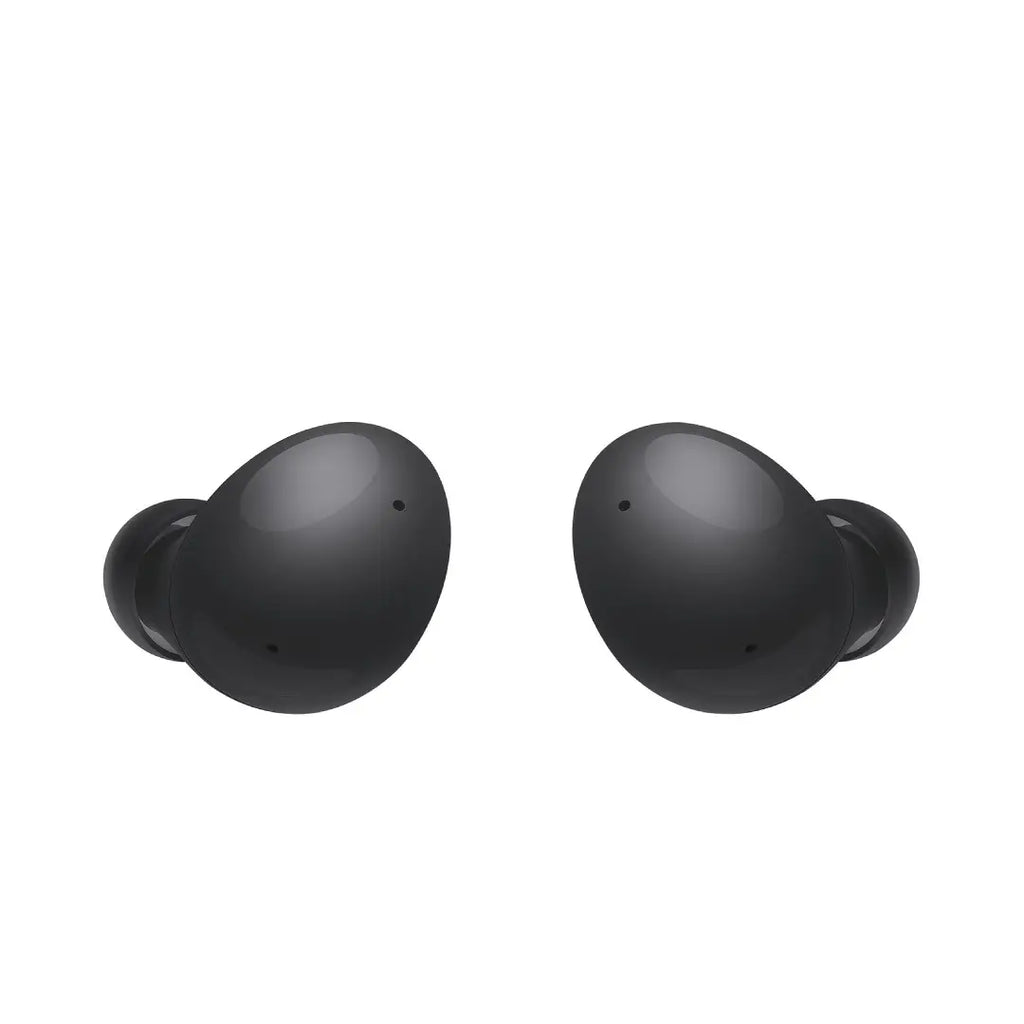 Black wireless earbuds on a white background