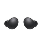 Black wireless earbuds on a white background