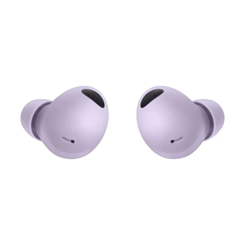Pair of purple wireless earbuds on a white background
