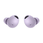 Pair of purple wireless earbuds on a white background