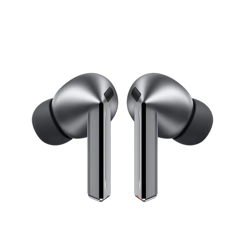 Pair of silver wireless earbuds on a white background